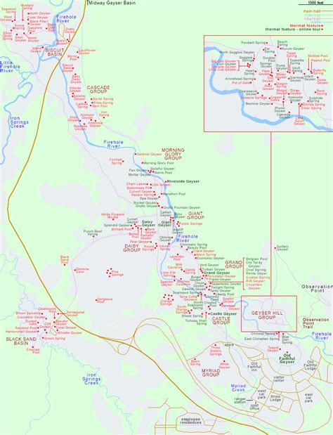 Map and Tour of Upper Geyser Basin, Yellowstone National Park, Wyoming