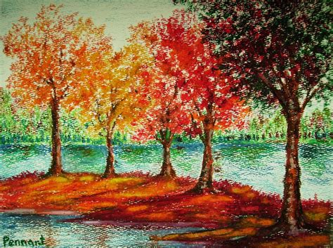 Autumn Landscape, Small Drawing, Original Oil Pastel Art, Wall Art ...