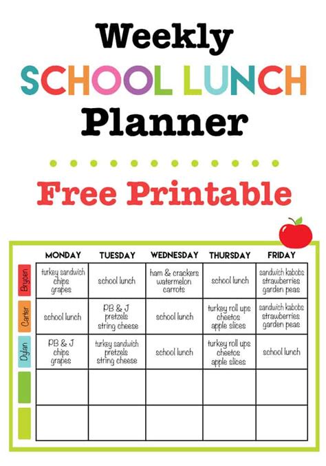 Weekly School Lunch Printable