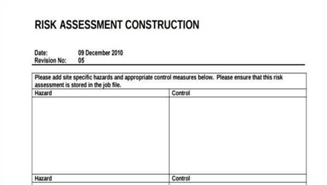 Risk Assessment Template For Building Site