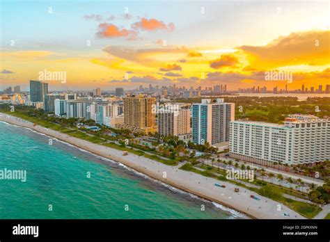 Gorgeous aerial view of sunset in Miami Beach, Florida from a drone ...