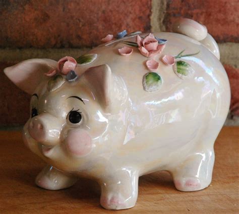 Vintage Lefton Ceramic Piggy Bank with Lustre Finish & Flower | Etsy