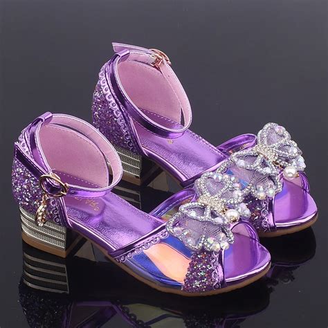 Girls Crystal Sandals Princess High Heel Dress Shoes Sequined Bowtie ...