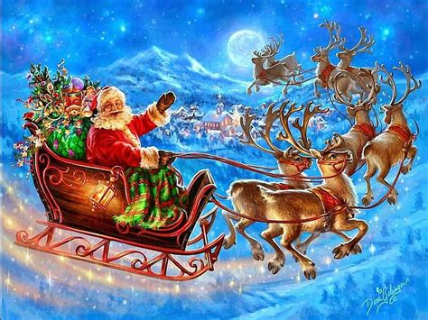 Santa Claus coming to town riding his reindeer sleigh flying, magic ...