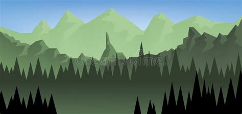 Abstract Landscape with a Dark Forest and Green Fields with Mountains ...