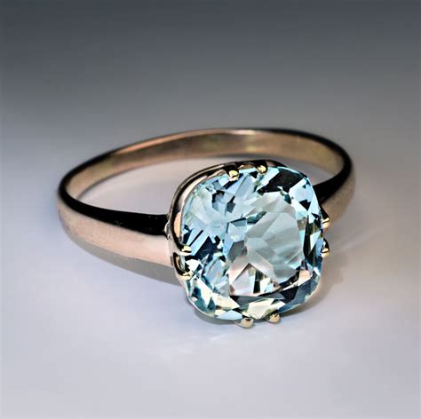 Vintage Russian Cushion Cut Aquamarine Gold Ring - Antique Jewelry ...