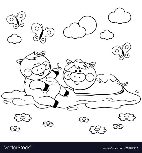 Pigs in mud black and white coloring page Vector Image