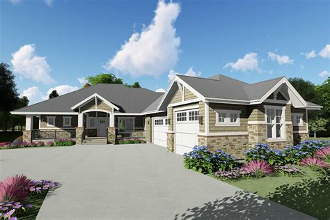 Downsized Craftsman Ranch Home Plan with Angled Garage - 64465SC ...