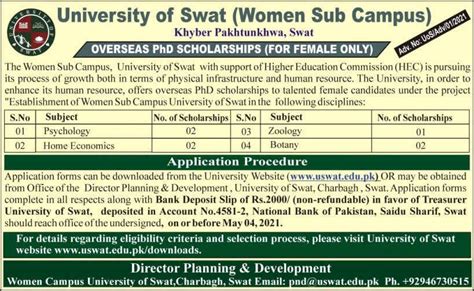 University of Swat (Women Sub-Campus) Overseas Ph.D. Scholarship 2021