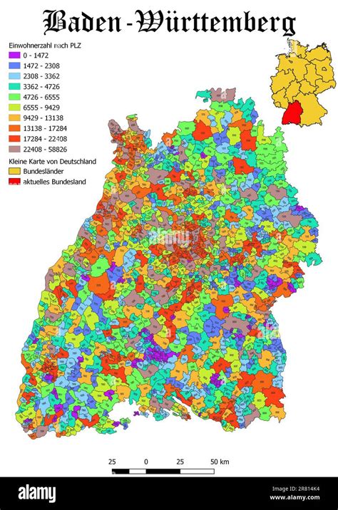 Federal state Baden - Württemberg population by postal code map with ...