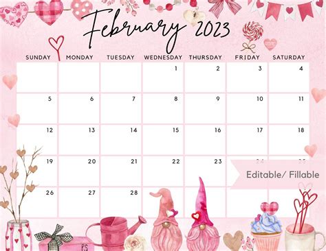 Printable February 2023 Calendar, Cute Valentine Loving Gnome ...