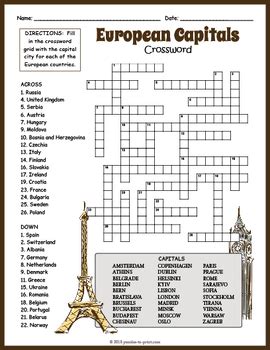 EUROPEAN CAPITALS Crossword Puzzle Worksheet Activity - Europe Geography