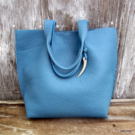 Celedon Blue Leather Tote Bag by Stacy Leigh