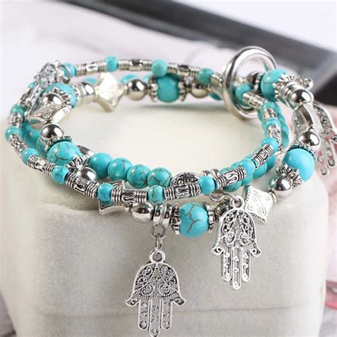 Vintage Hamsa Bracelets For Women Turquesa And Silver Color Charm ...