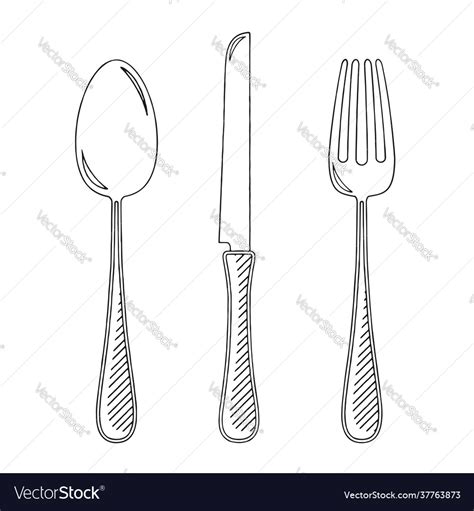 Fork knife spoon - black and white drawing Vector Image