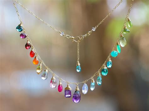 Rainbow Multi Gemstone Necklace in Gold Filled, Precious Drop Necklace ...