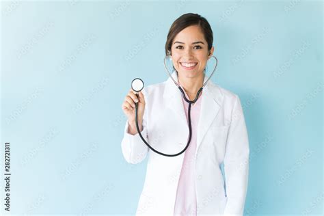 Female Doctor With Stethoscope On Isolated Background Stock Photo ...