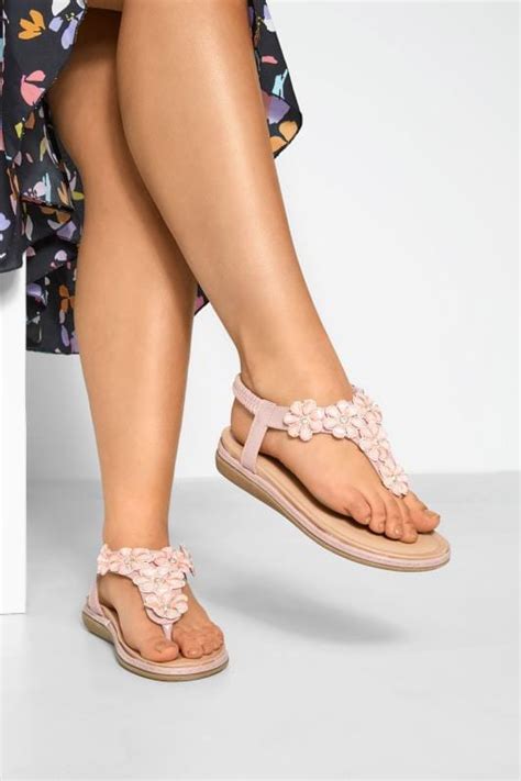 Pink Flower Diamante Sandals In Extra Wide Fit | Yours Clothing