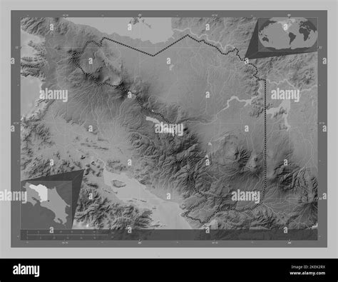 Alajuela, province of Costa Rica. Grayscale elevation map with lakes ...