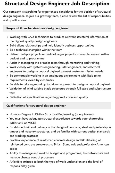 Structural Design Engineer Job Description | Velvet Jobs