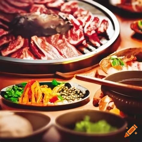 Korean bbq on a table with various dishes on Craiyon