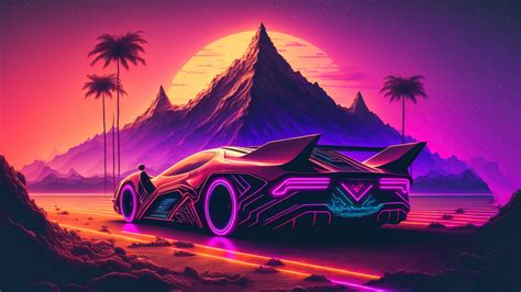 Sports Car In A Futuristic Mountain Sunset Wallpaper 8K