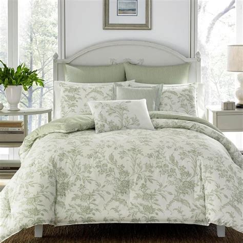 Laura Ashley Natalie 7-Piece Green Floral Cotton Full/Queen Comforter ...