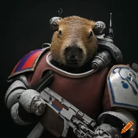 Capybara haciendo cosplay de marine espacial de warhammer 40000