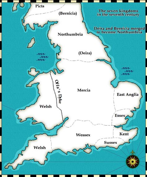 The seven Anglo-Saxon kingdoms were Northumbria, Mercia, East Anglia ...