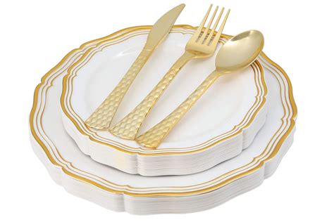 White and Gold Plastic Plates & Cutlery Set, 100 Piece Elegant ...