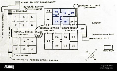 Plan of Hitler's Bunker under the Chancellery in Berlin. The rooms ...