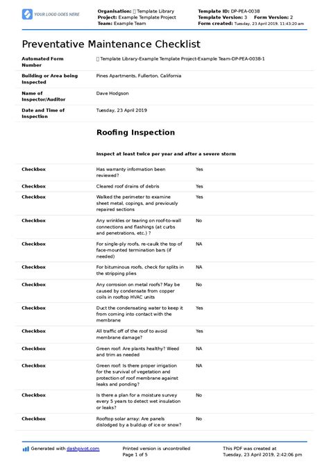 Machine Preventive Maintenance Checklist Template Excel