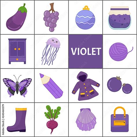 Learn the primary colors. Violet. Different objects in violet color ...