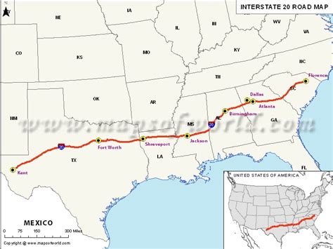 Interstate 20 (I-20) Map, USA | From Kent, Texas to Florence, South ...