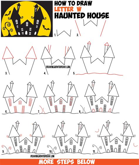 How to Draw a Cartoon Haunted House Step by Step in Silhouette with ...