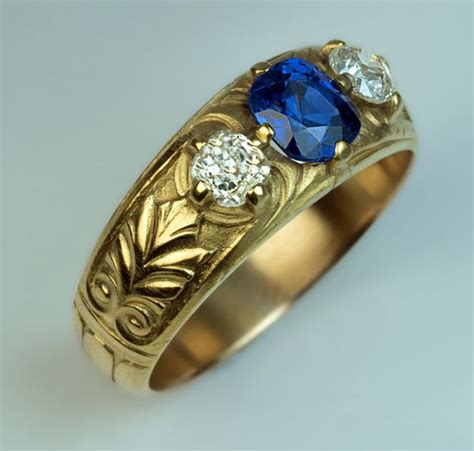 Vintage Three-Stone Sapphire Diamond and Gold Men's Ring - Antique ...