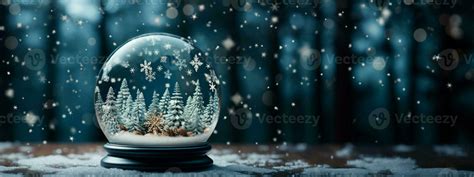 Christmas Snow Globe with Pine Trees and Cabin on a Wood Surface Banner ...