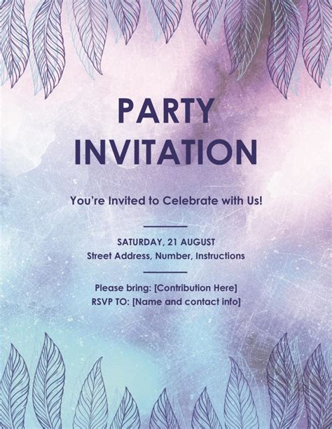 a purple and blue party card with leaves on the front, text reads party ...