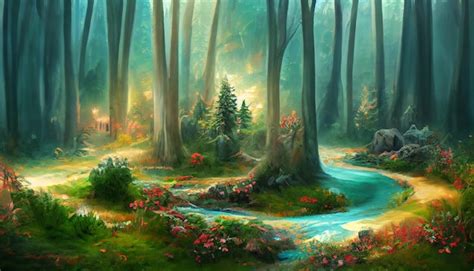 The enchanted forest of the magic natural landscape and river flow ...