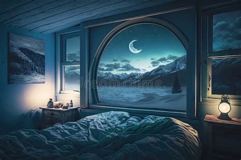 Bedroom, with View of the Starry Night Sky and Moonlight Streaming ...