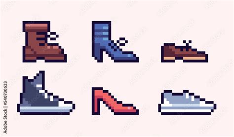 Different shoes pixel art set. Male, female footwear, boots collection ...