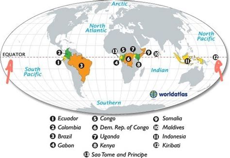 On the world map show the countries that lie in the equatorial region ...