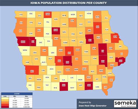 Iowa County Map and Population List in Excel