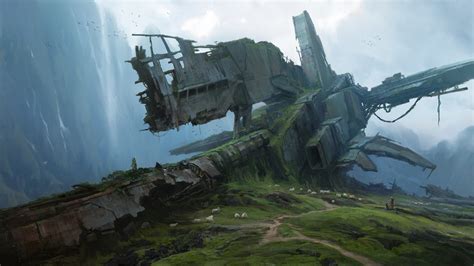 Wallpaper : crash, ruins, overgrown, sheep, spaceship, mountains ...