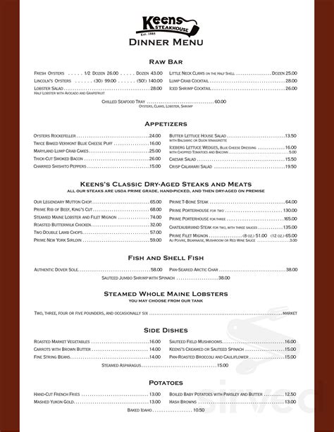 Keens Steakhouse menu in New York, New York, USA