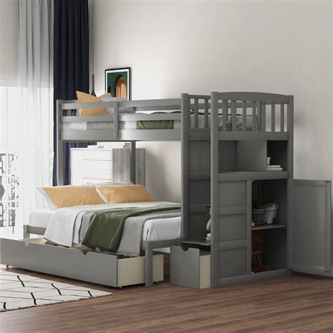 Euroco Twin over Twin/Full Bunk Bed, Convertible Down Bed, with Storage ...