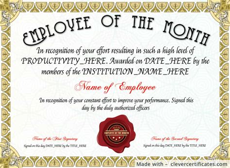 Employee Of The Month Certificate Template