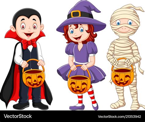 Cartoon kids with halloween costume holding Vector Image