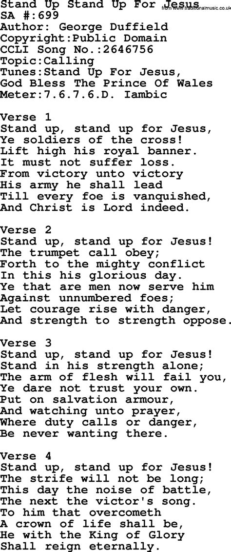 Salvation Army Hymnal Song: Stand Up Stand Up For Jesus, with Lyrics ...