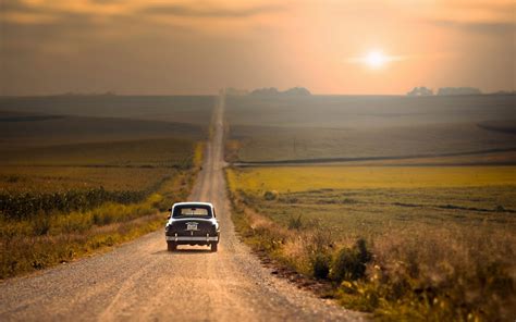 car, road, sunset, landscape, field, horizon HD Wallpaper